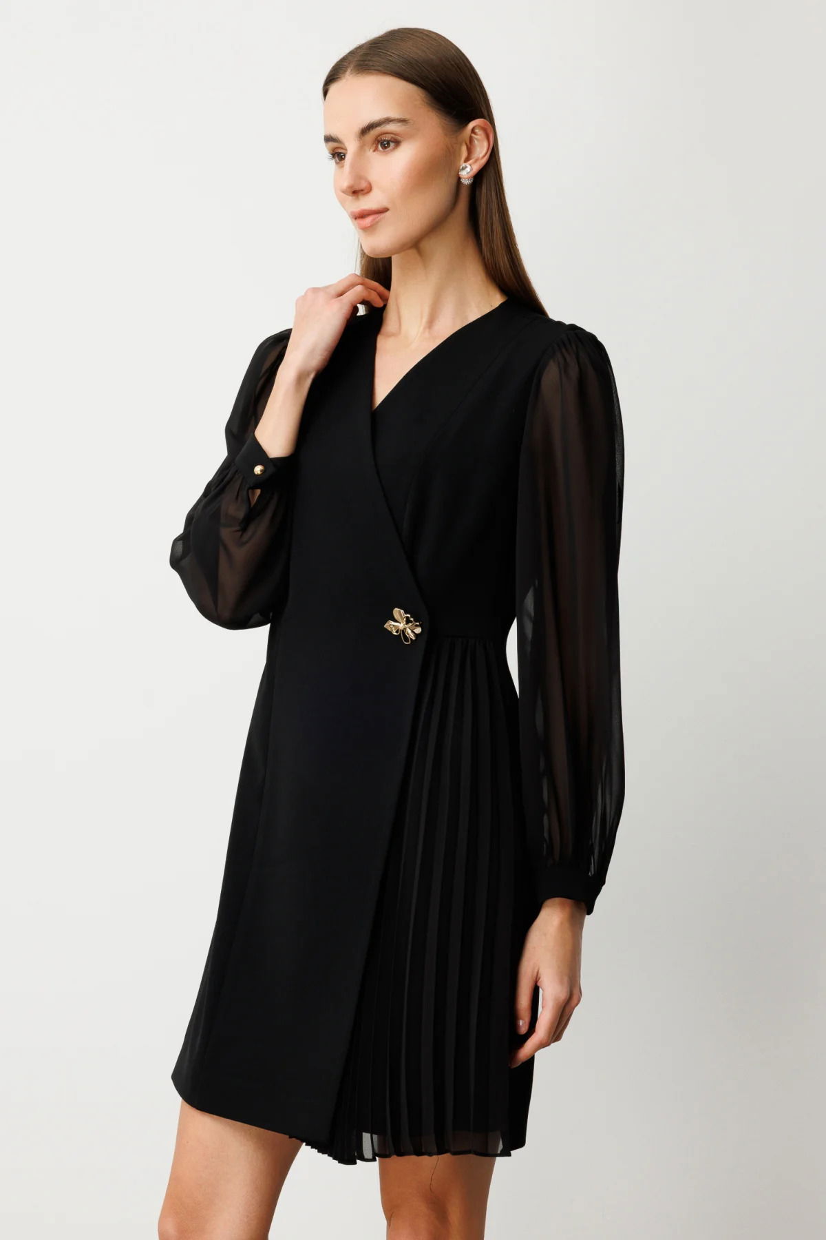 Ekol Kadın Beli Broşlu Kolları Tül Elbise 4039 Siyah - 3