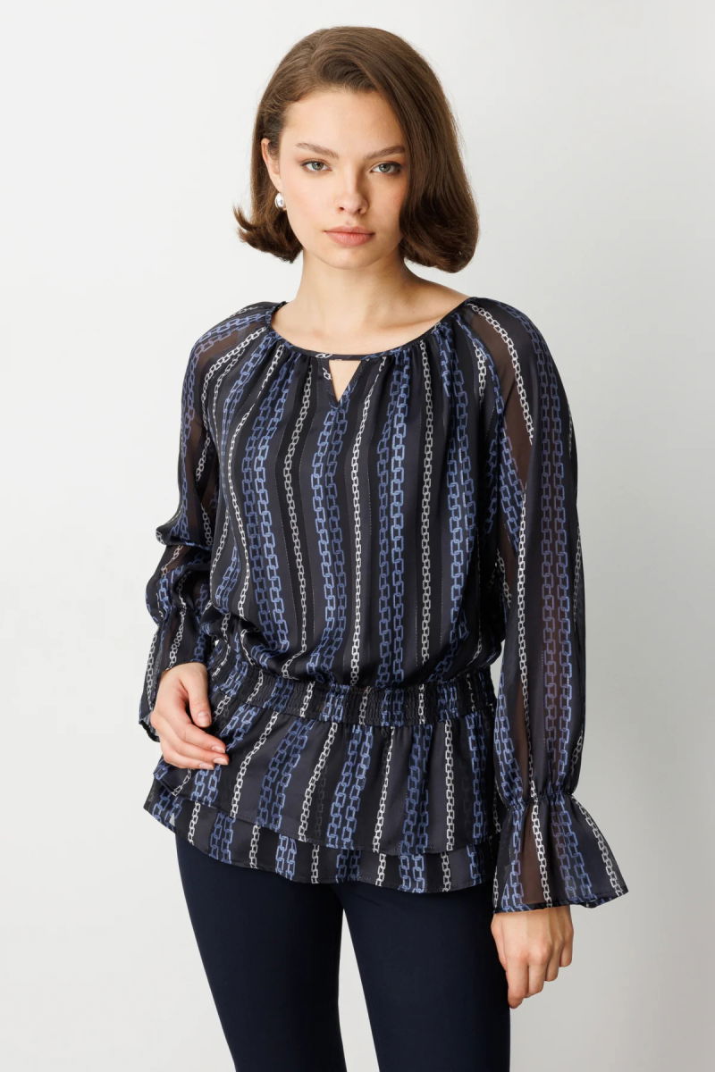 Ekol Kadın Beli Büzgülü Desenli Şifon Bluz 3065 Lacivert - Ekol