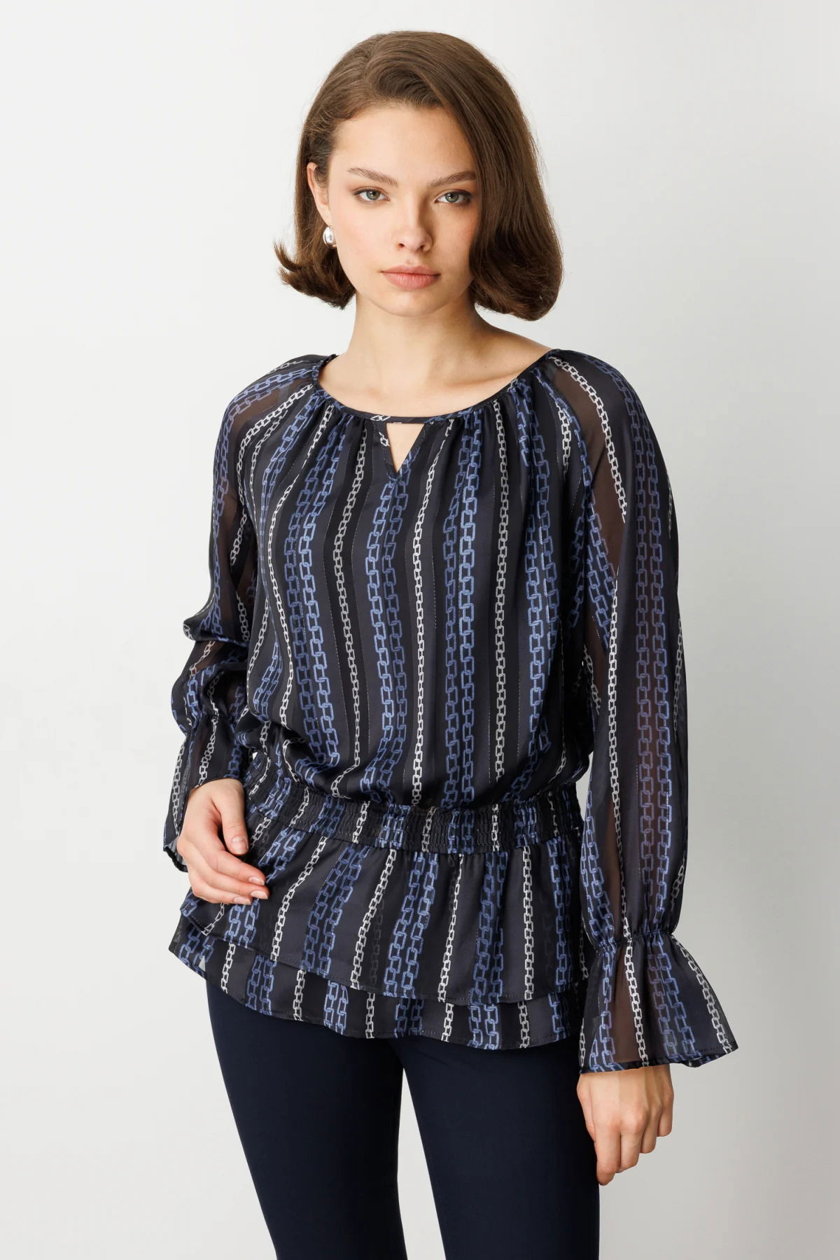Ekol Kadın Beli Büzgülü Desenli Şifon Bluz 3065 Lacivert - 1