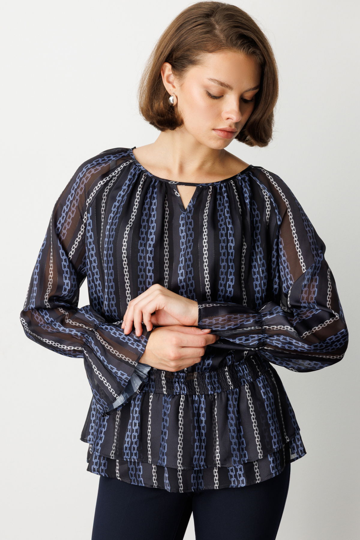 Ekol Kadın Beli Büzgülü Desenli Şifon Bluz 3065 Lacivert - 2