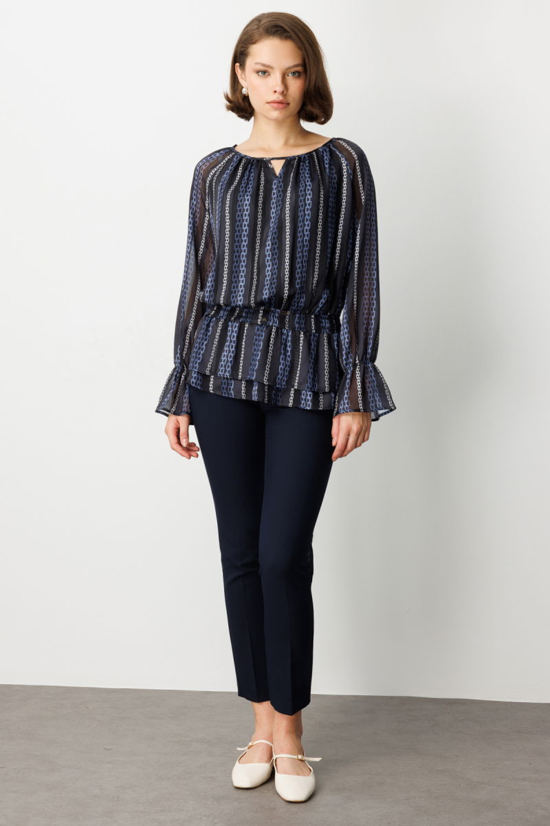 Ekol Kadın Beli Büzgülü Desenli Şifon Bluz 3065 Lacivert - 3