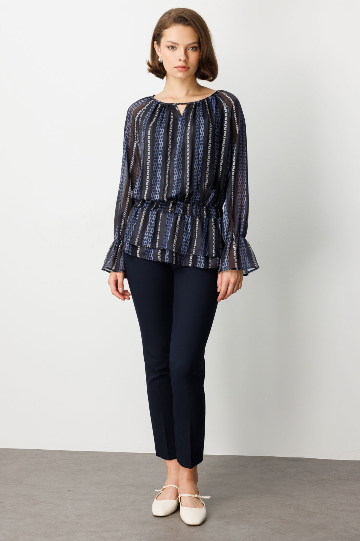 Ekol Kadın Beli Büzgülü Desenli Şifon Bluz 3065 Lacivert - 3