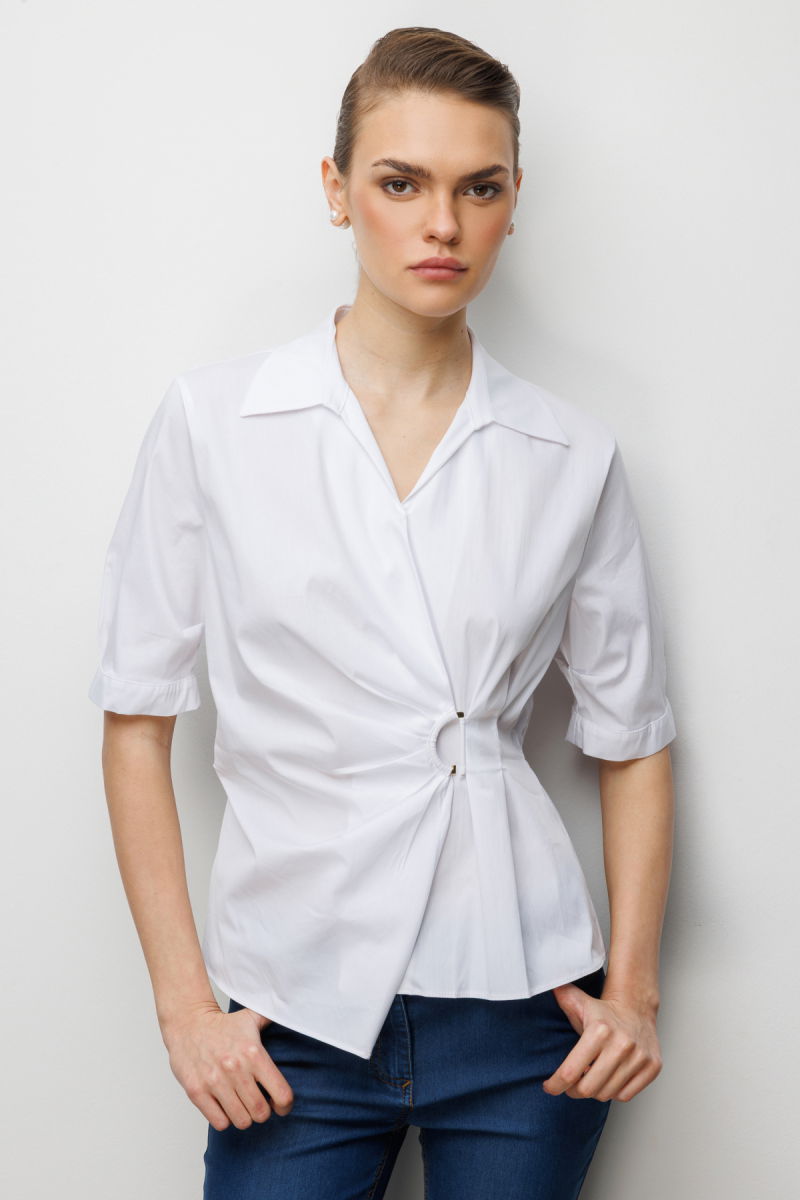 Ekol Kadın Beli Büzgülü Kısa Kollu Pamuklu Bluz 2046 Ekru - Ekol