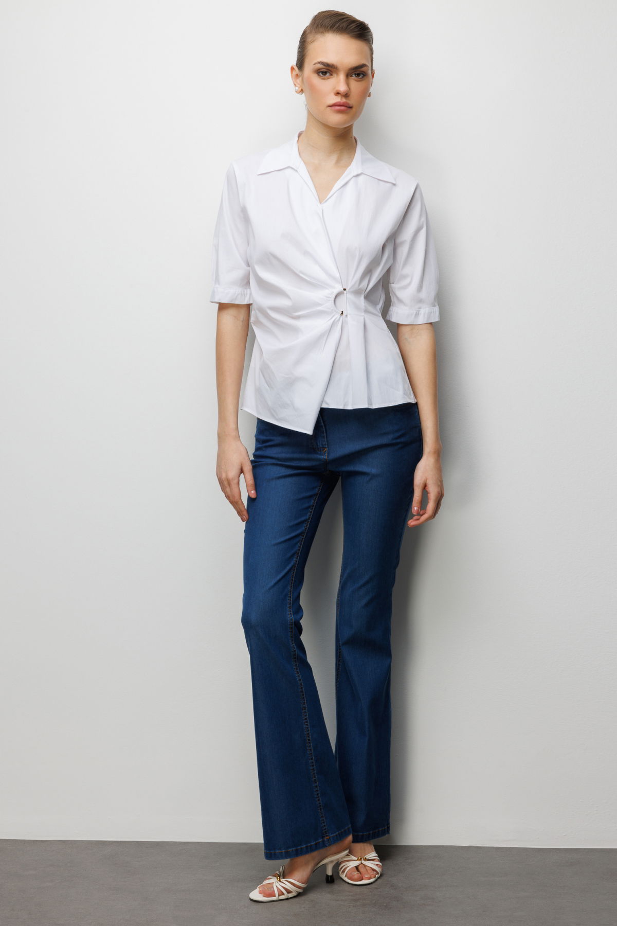 Ekol Kadın Beli Büzgülü Kısa Kollu Pamuklu Bluz 2046 Ekru - 3