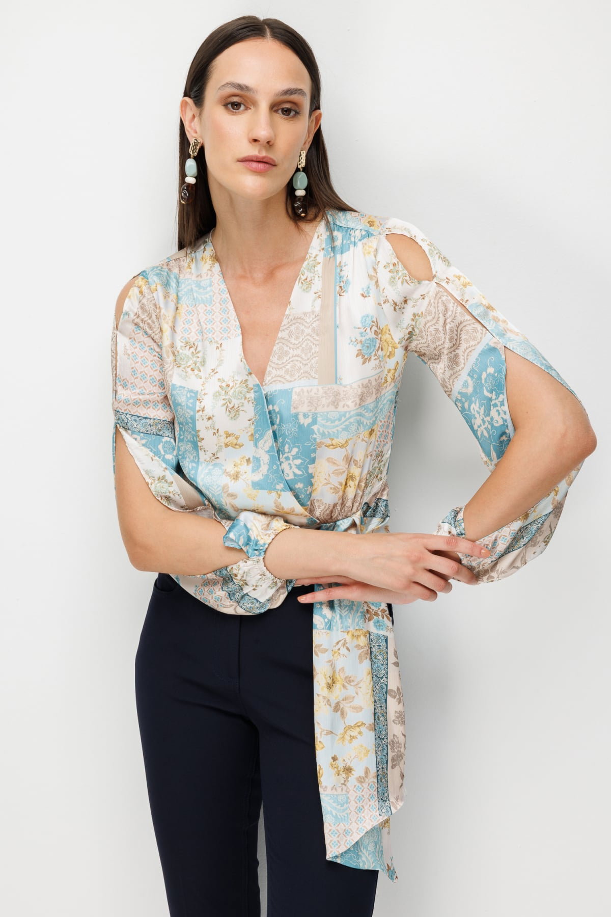 Ekol Kadın Beli Fularlı Desenli Crop Bluz 2094 Turkuaz - 1