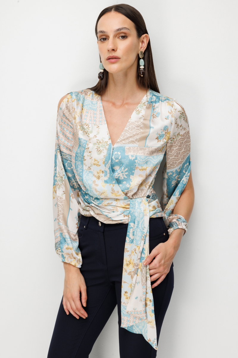 Ekol Kadın Beli Fularlı Desenli Crop Bluz 2094 Turkuaz - 2