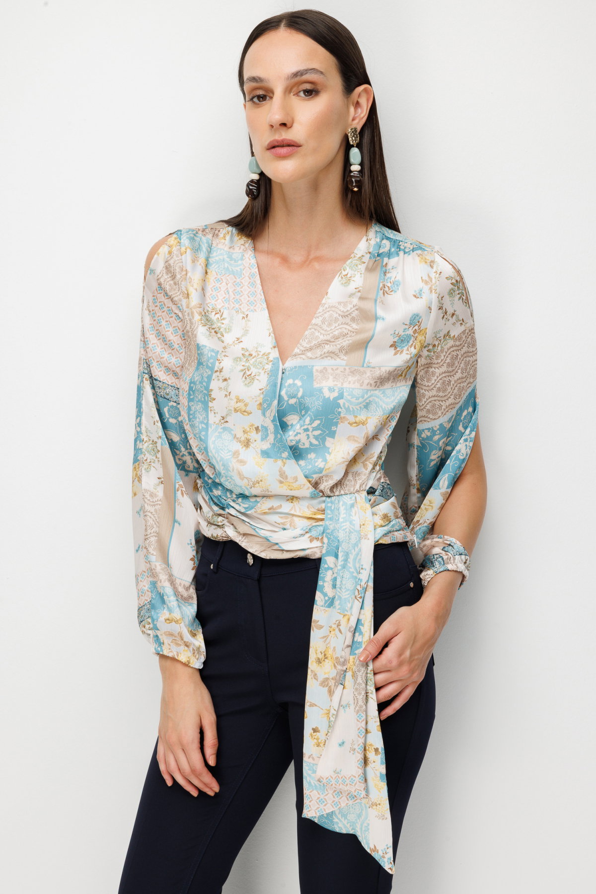 Ekol Kadın Beli Fularlı Desenli Crop Bluz 2094 Turkuaz - 2