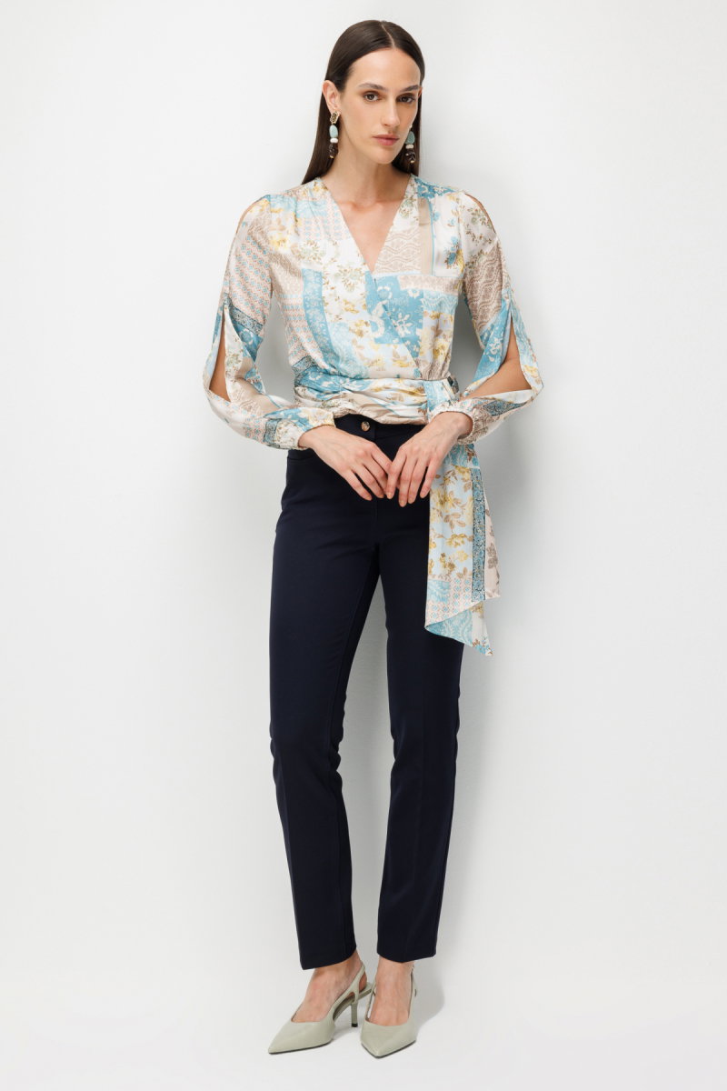 Ekol Kadın Beli Fularlı Desenli Crop Bluz 2094 Turkuaz - 4
