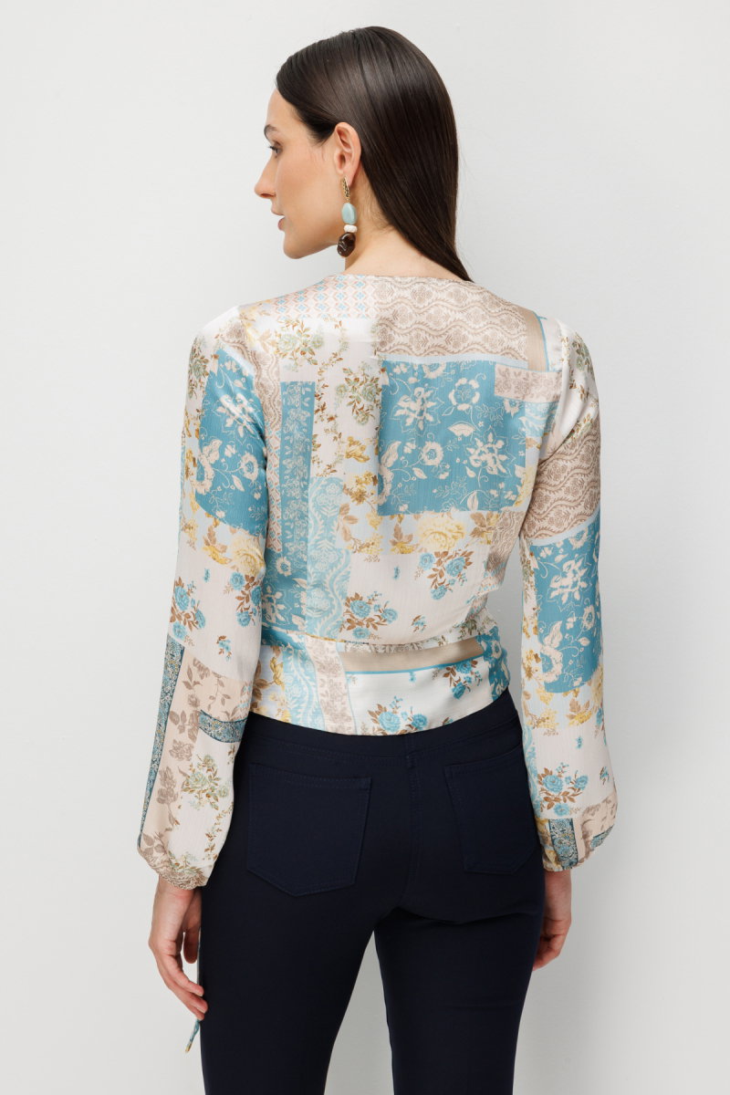 Ekol Kadın Beli Fularlı Desenli Crop Bluz 2094 Turkuaz - 5