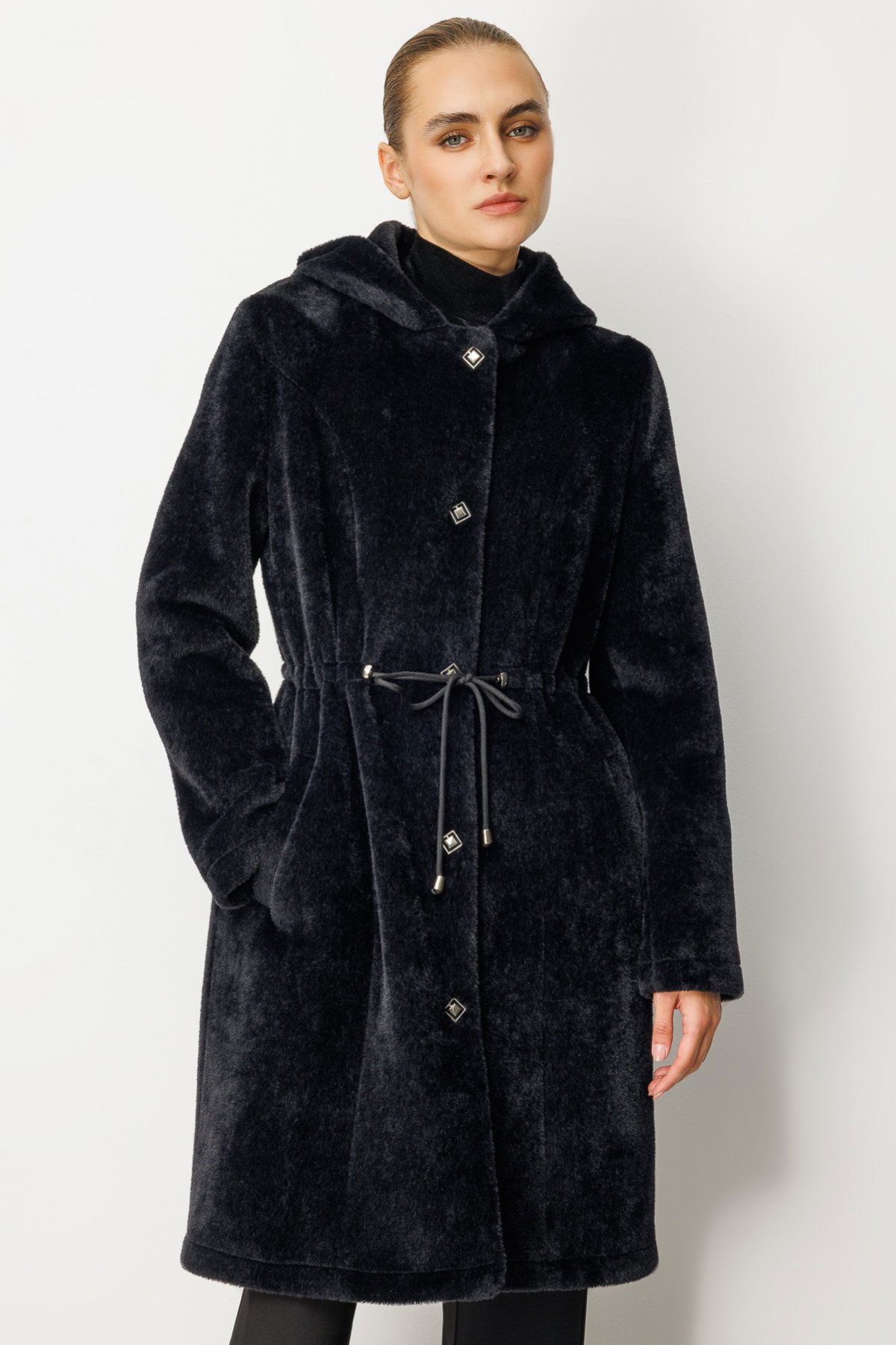 Ekol Kadın Beli İpli Peluş Kaban 6077 Siyah - 1