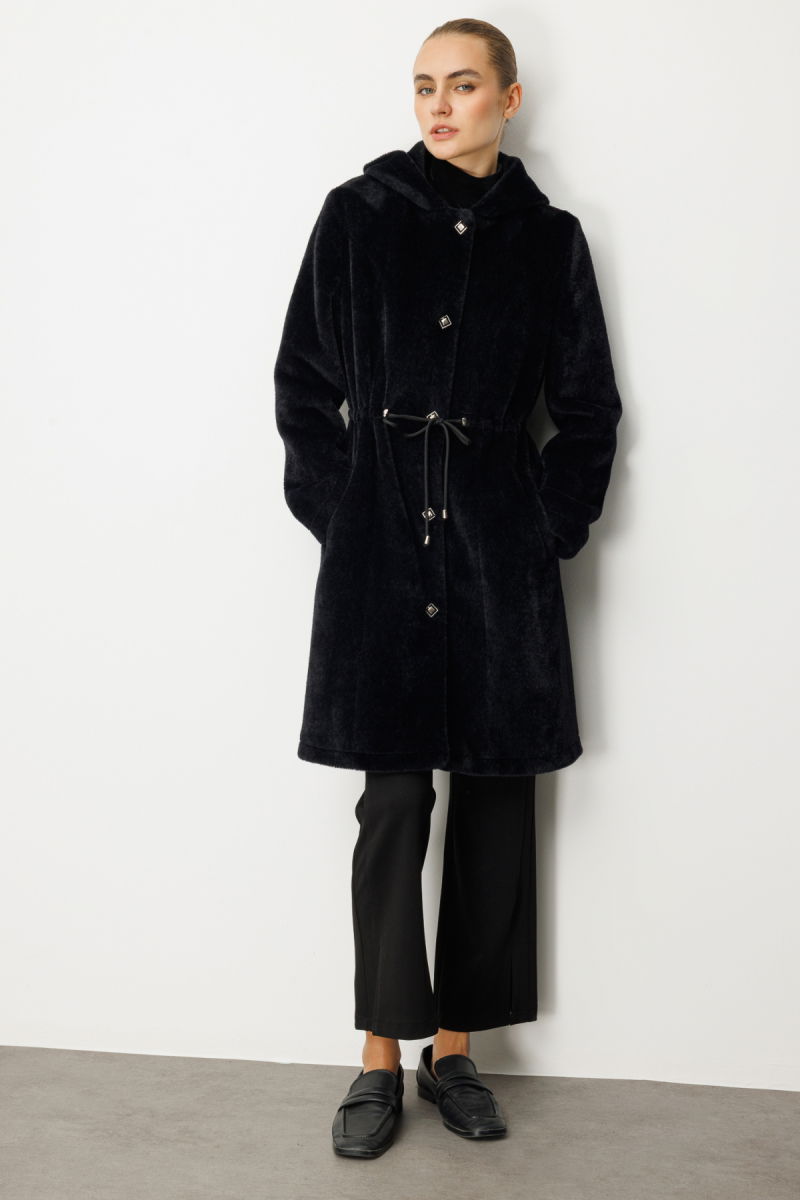 Ekol Kadın Beli İpli Peluş Kaban 6077 Siyah - 3