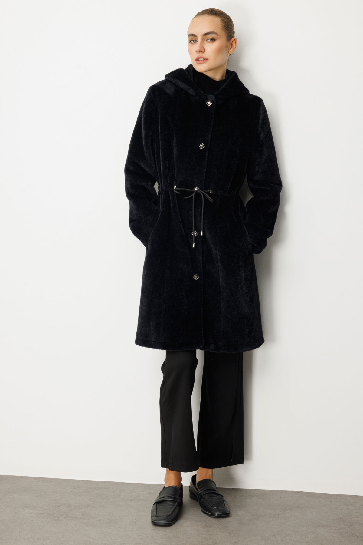 Ekol Kadın Beli İpli Peluş Kaban 6077 Siyah - 3