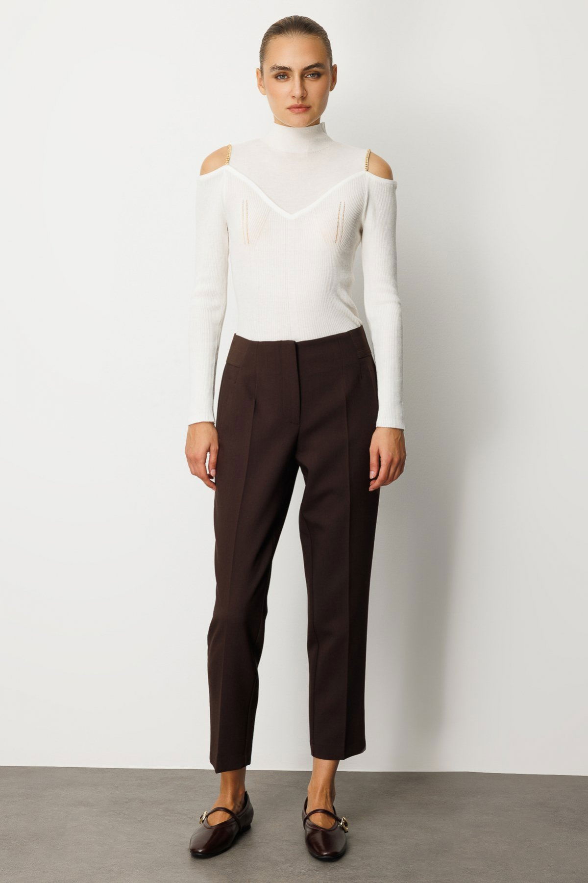 Ekol Kadın Beli Kalın Lastikli Dar Paça Pantolon 1109 Kahverengi - 1