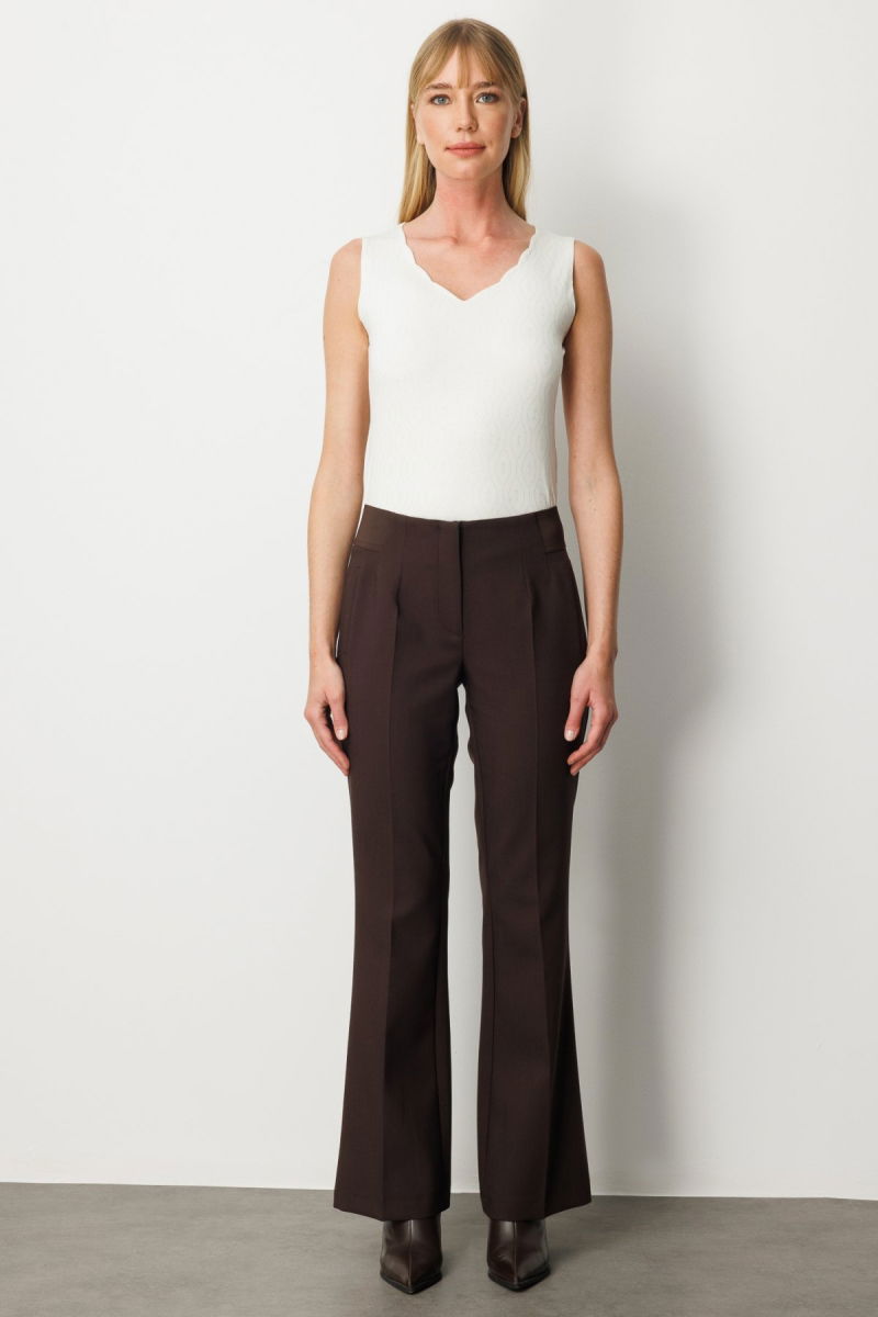 Ekol Kadın Beli Kalın Lastikli İspanyol Paça Pantolon 1105 Kahverengi - Ekol