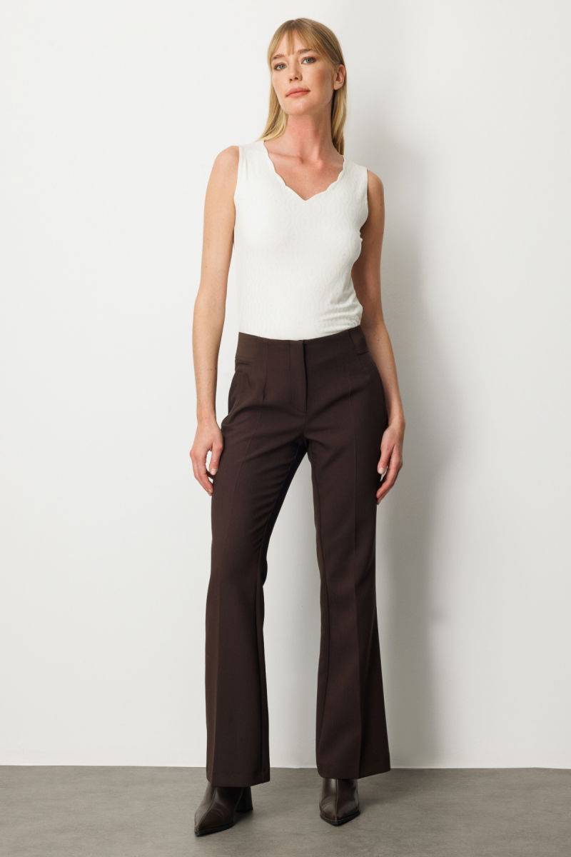 Ekol Kadın Beli Kalın Lastikli İspanyol Paça Pantolon 1105 Kahverengi - 2