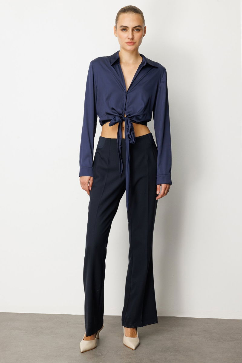 Ekol Kadın Beli Kalın Lastikli İspanyol Paça Pantolon 1105 Lacivert 