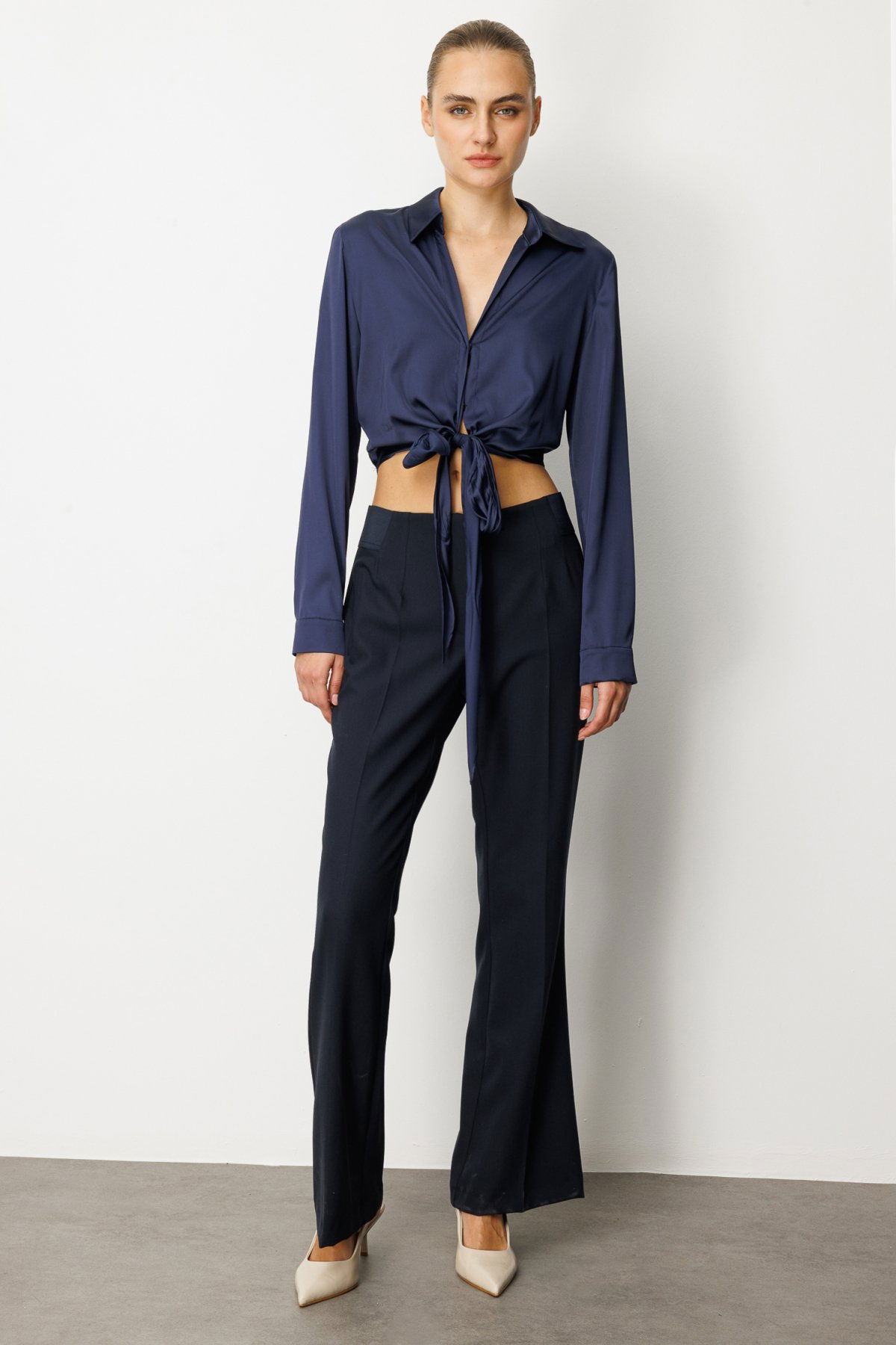 Ekol Kadın Beli Kalın Lastikli İspanyol Paça Pantolon 1105 Lacivert - 1