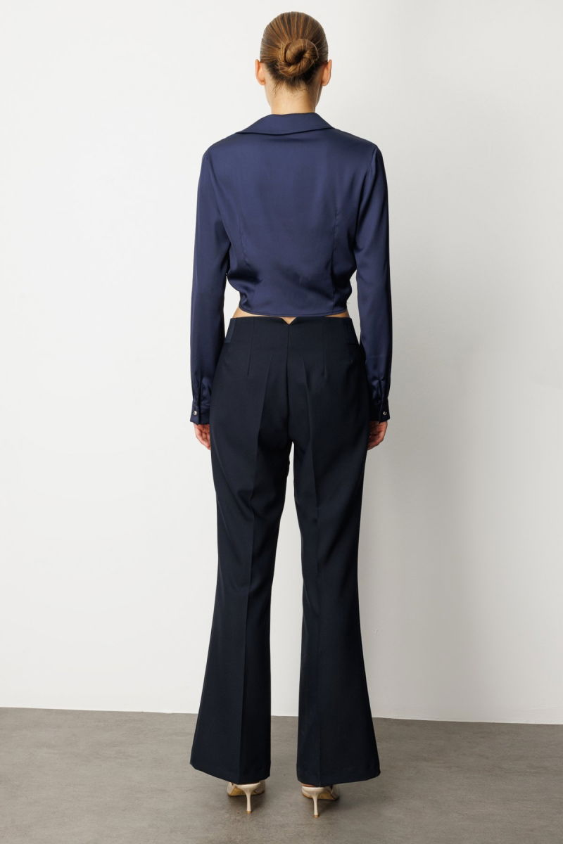 Ekol Kadın Beli Kalın Lastikli İspanyol Paça Pantolon 1105 Lacivert - 4