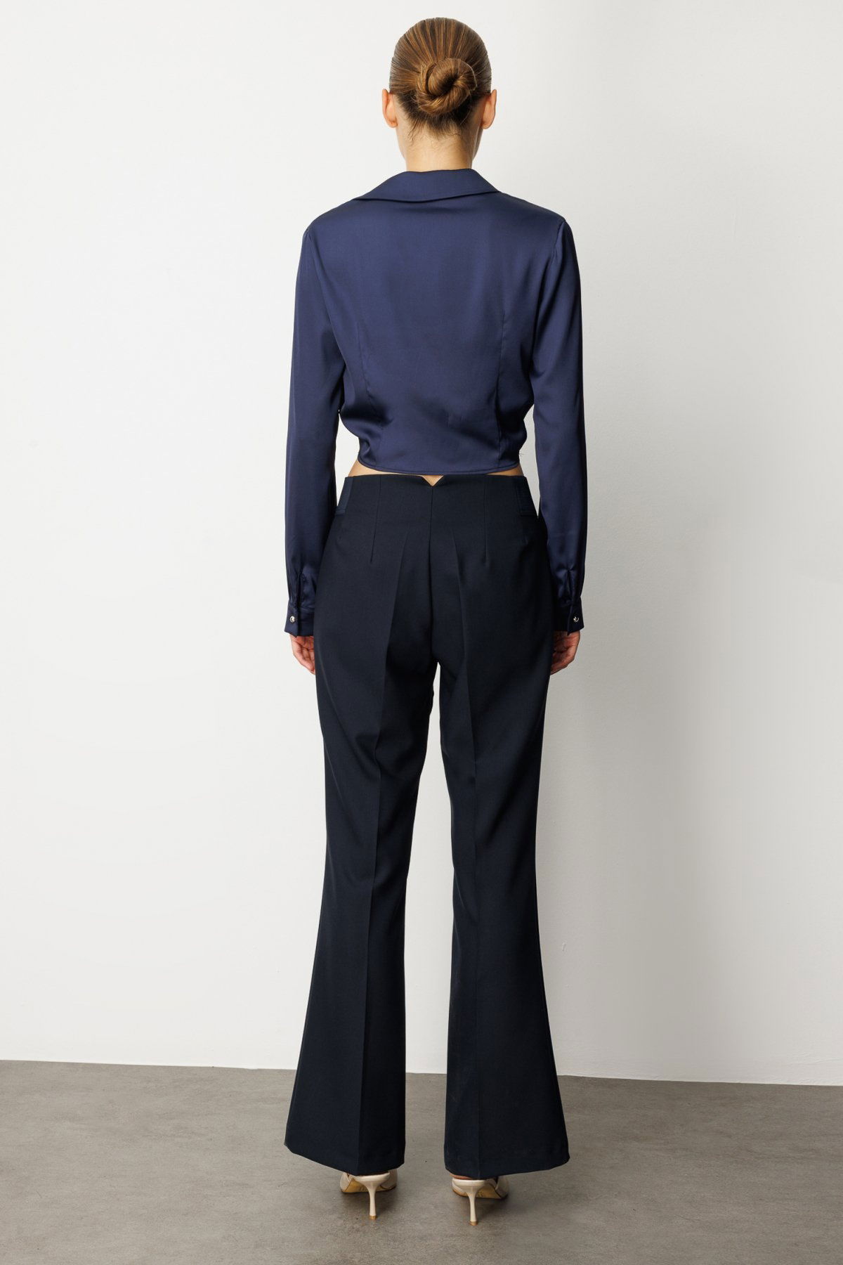 Ekol Kadın Beli Kalın Lastikli İspanyol Paça Pantolon 1105 Lacivert - 4