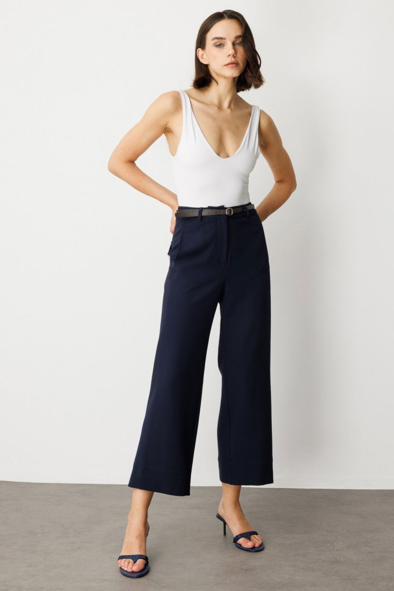 Ekol Kadın Beli Kemerli Bol Paça Pantolon 2150 Lacivert - 2