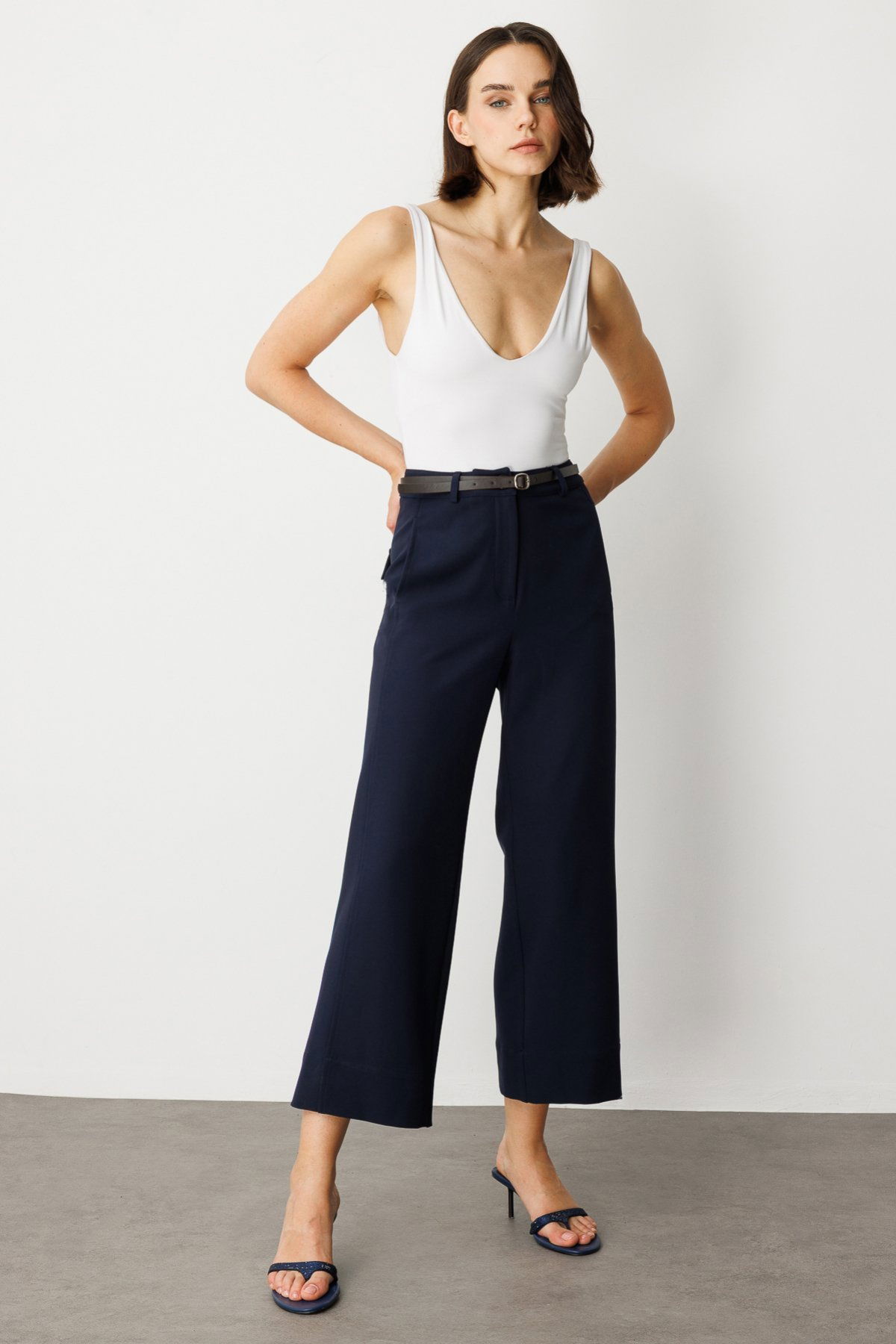 Ekol Kadın Beli Kemerli Bol Paça Pantolon 2150 Lacivert - 2