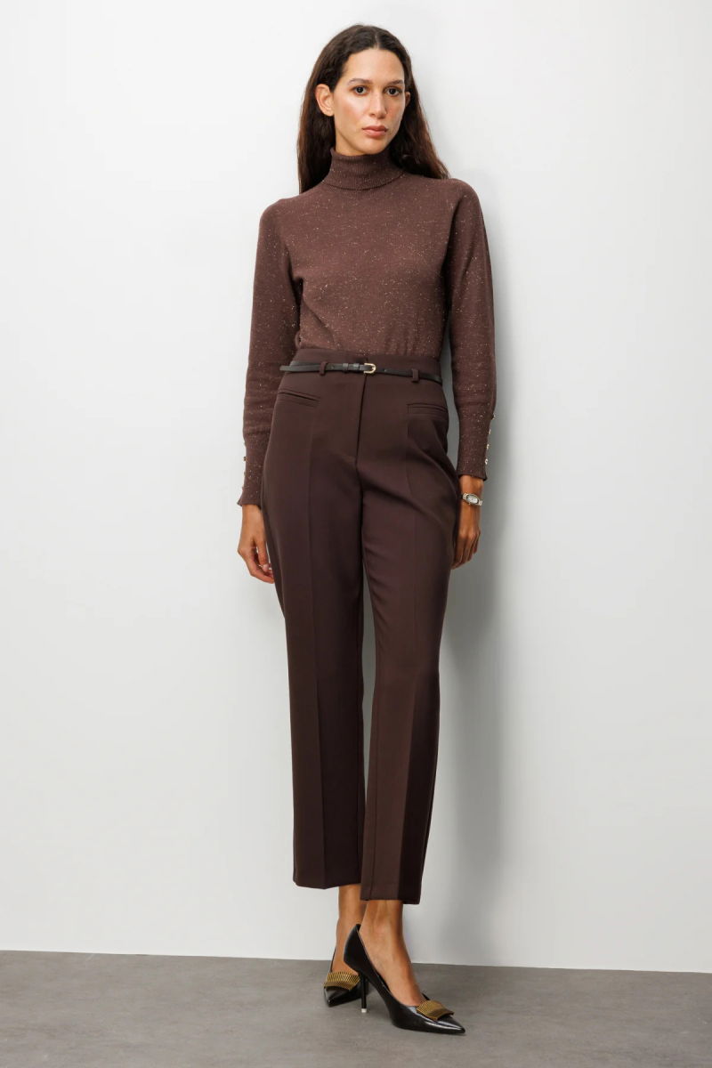 Ekol Kadın Beli Kemerli Boru Paça Pantolon 1001 Kahverengi - Ekol