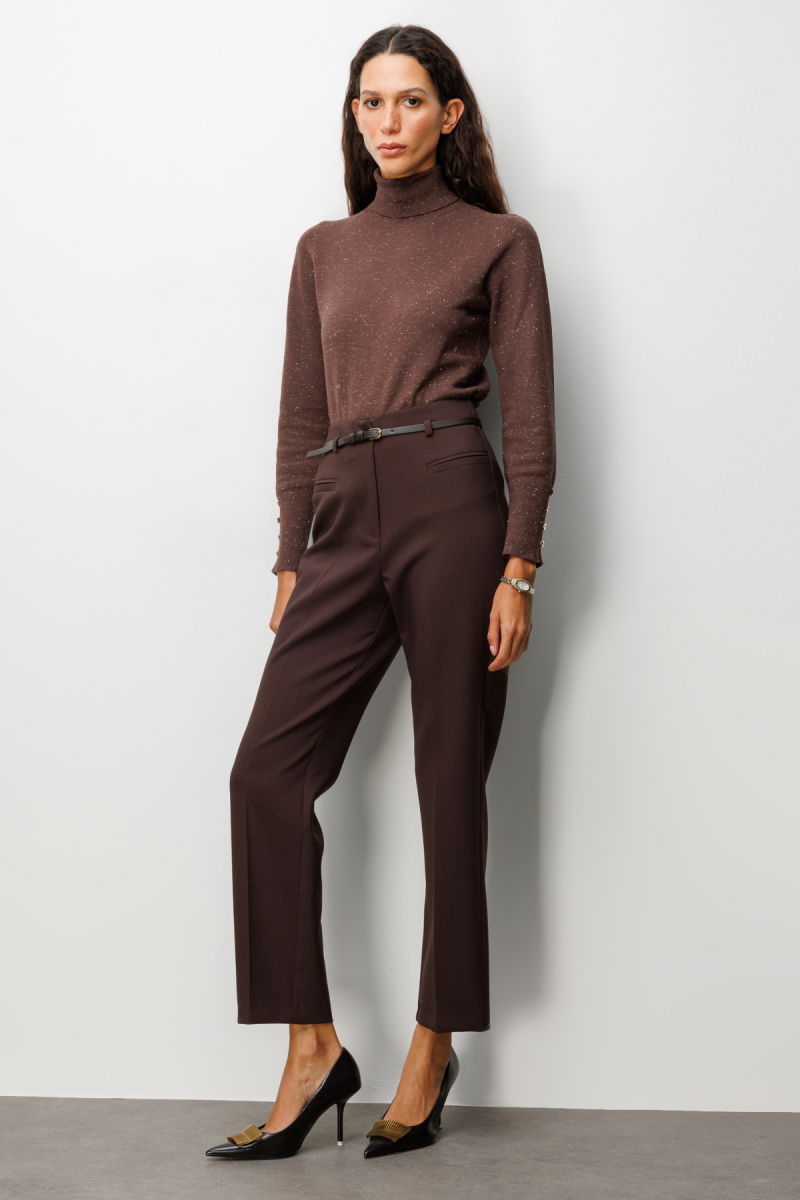 Ekol Kadın Beli Kemerli Boru Paça Pantolon 1001 Kahverengi - 2