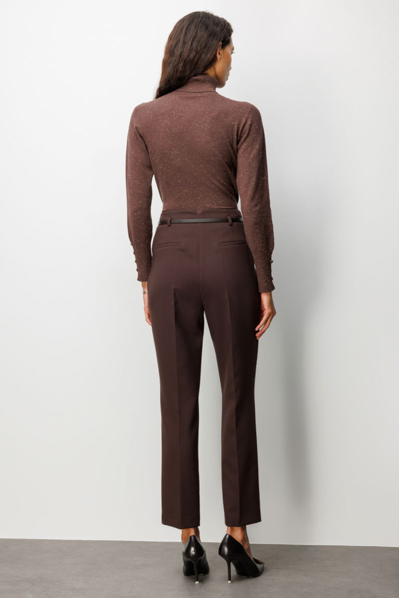 Ekol Kadın Beli Kemerli Boru Paça Pantolon 1001 Kahverengi - 4