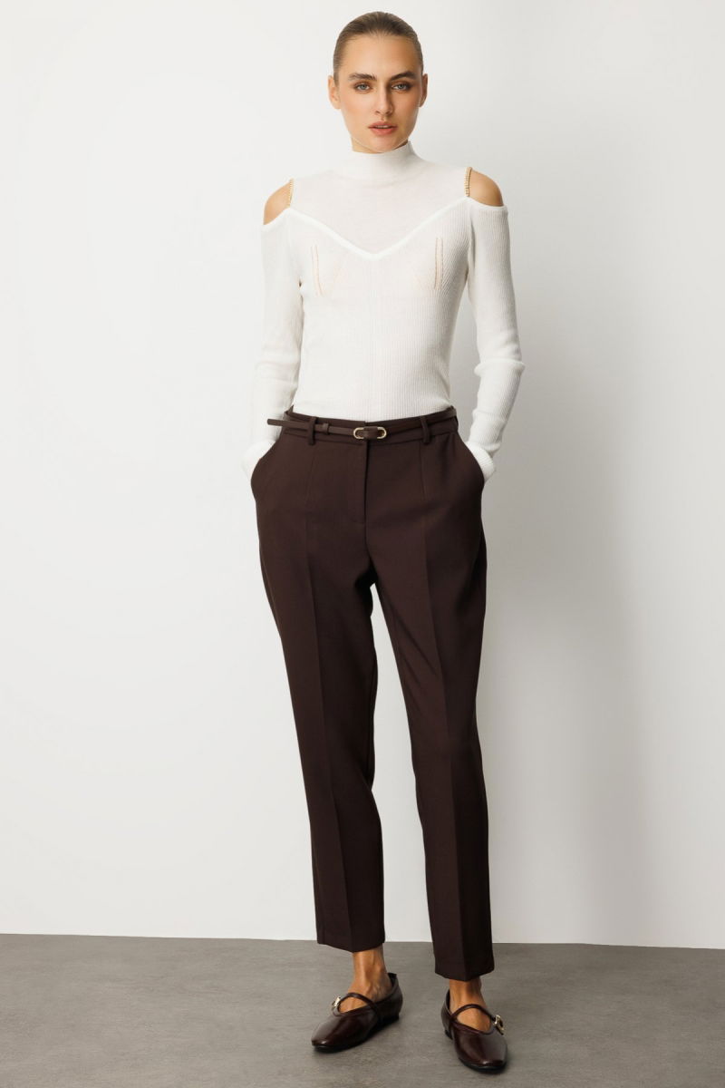 Ekol Kadın Beli Kemerli Dar Paça Pantolon 1013 Kahverengi - Ekol