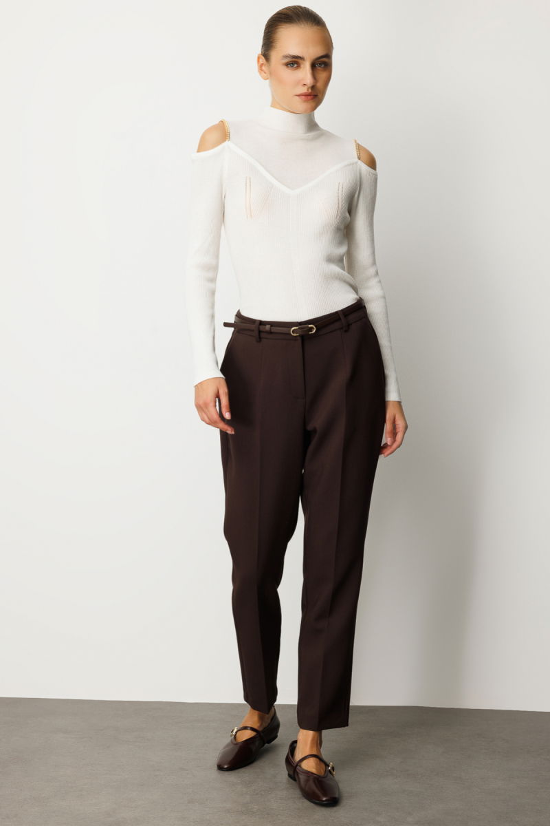 Ekol Kadın Beli Kemerli Dar Paça Pantolon 1013 Kahverengi - 2