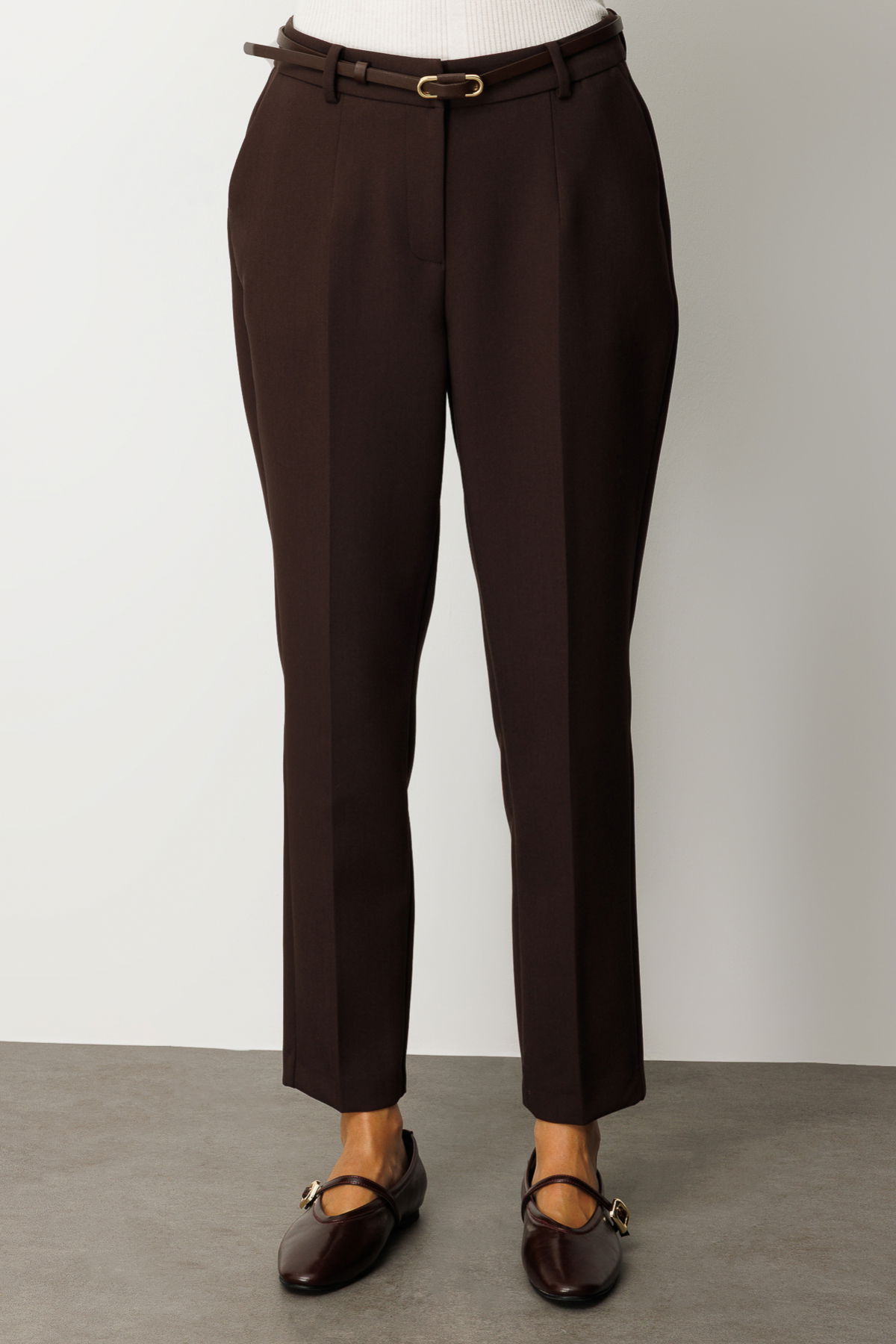 Ekol Kadın Beli Kemerli Dar Paça Pantolon 1013 Kahverengi - 3