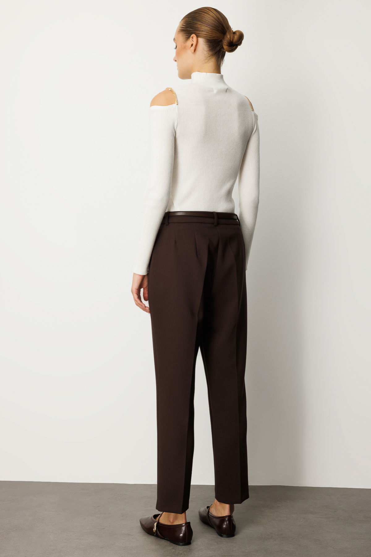 Ekol Kadın Beli Kemerli Dar Paça Pantolon 1013 Kahverengi - 4