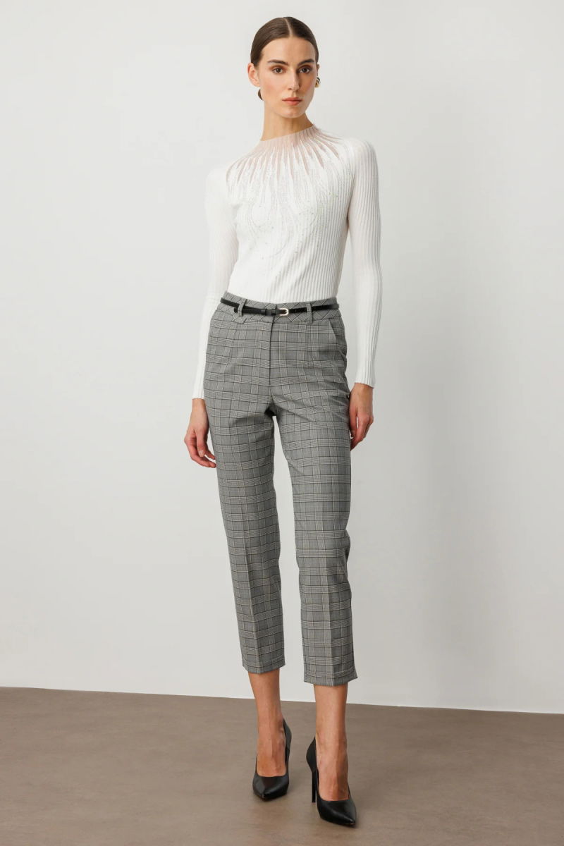 Ekol Kadın Beli Kemerli Ekoseli Pantolon 1203 Siyah - Ekol