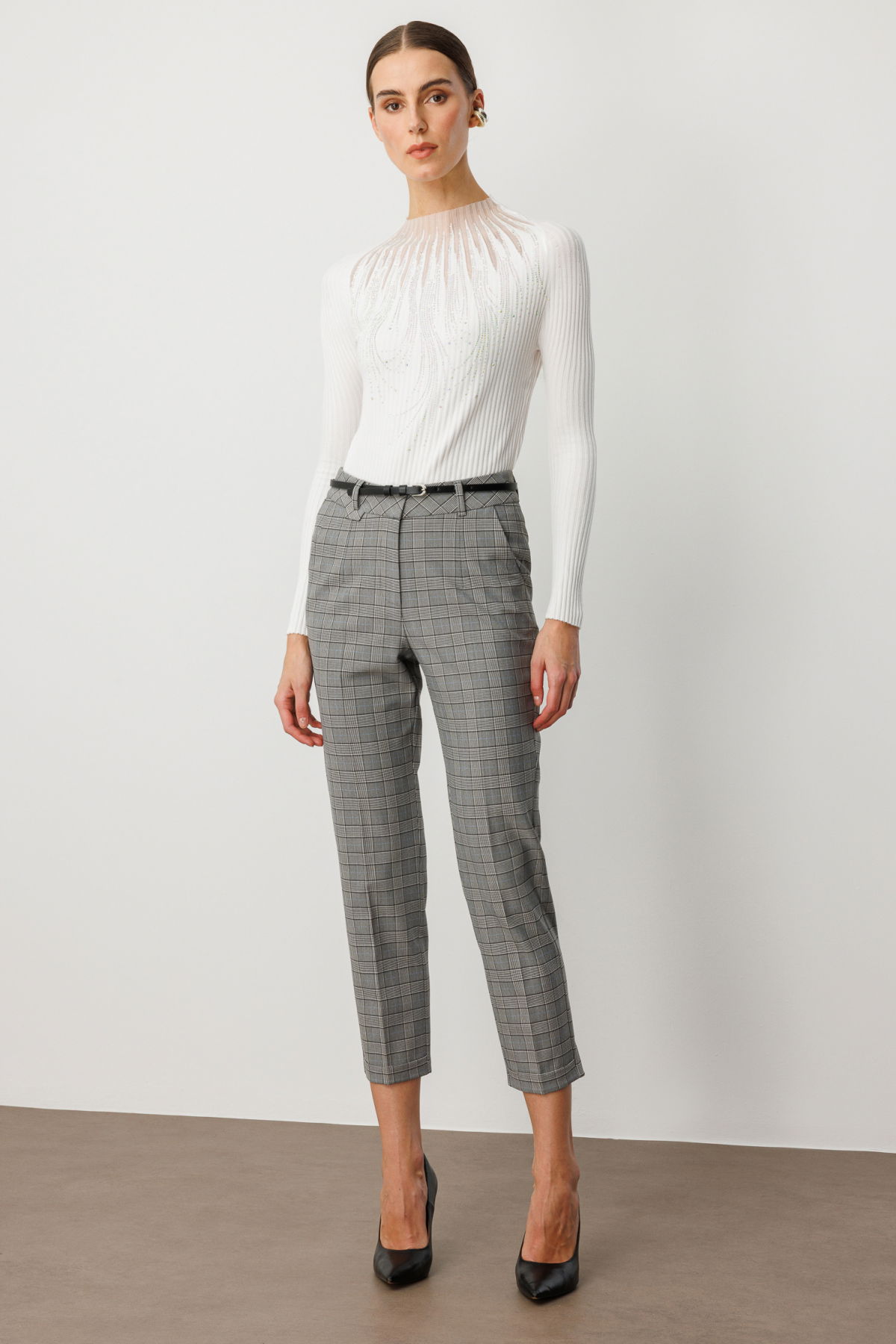 Ekol Kadın Beli Kemerli Ekoseli Pantolon 1203 Siyah - 2