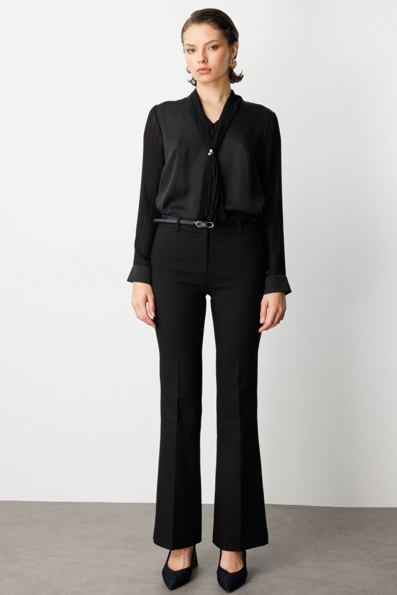 Ekol Kadın Beli Kemerli İspanyol Paça Pantolon 1011 Siyah - Ekol