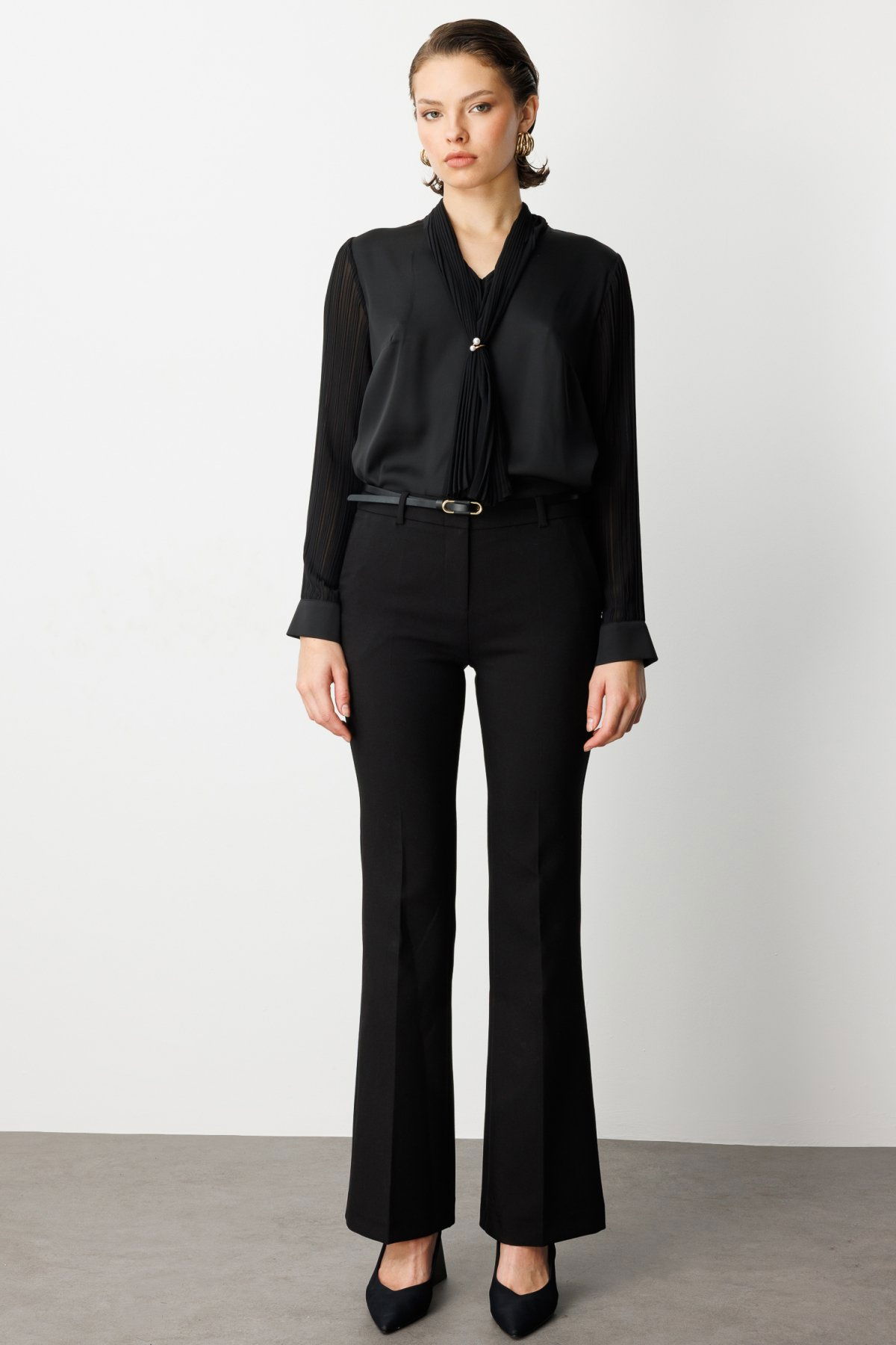 Ekol Kadın Beli Kemerli İspanyol Paça Pantolon 1011 Siyah - 1