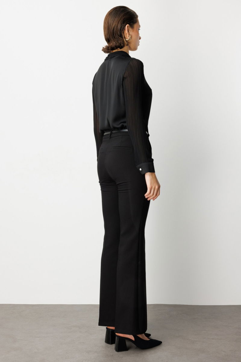 Ekol Kadın Beli Kemerli İspanyol Paça Pantolon 1011 Siyah - 4