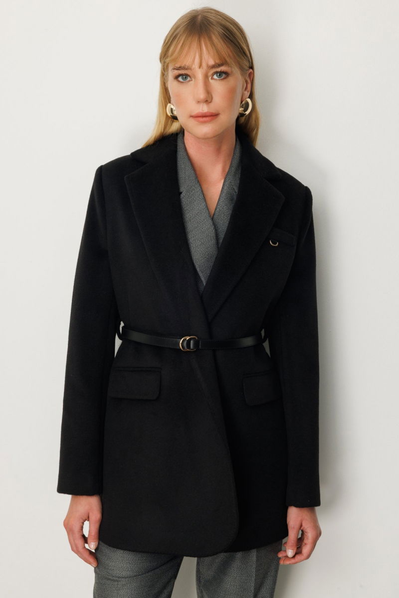 Ekol Kadın Beli Kemerli Kapak Cepli Kaban 6011 Siyah - Ekol