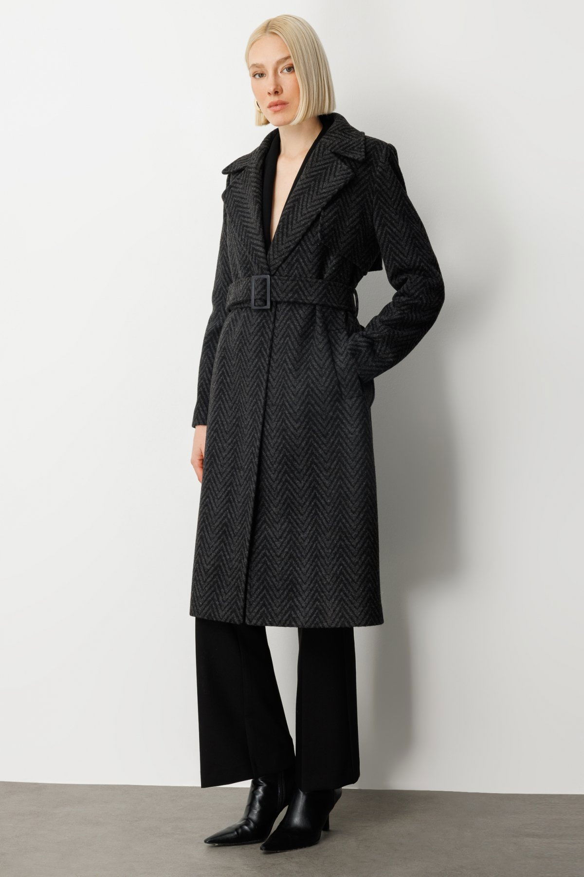 Ekol Kadın Beli Kemerli Kaşe Kaban 6003 Antrasit - 2