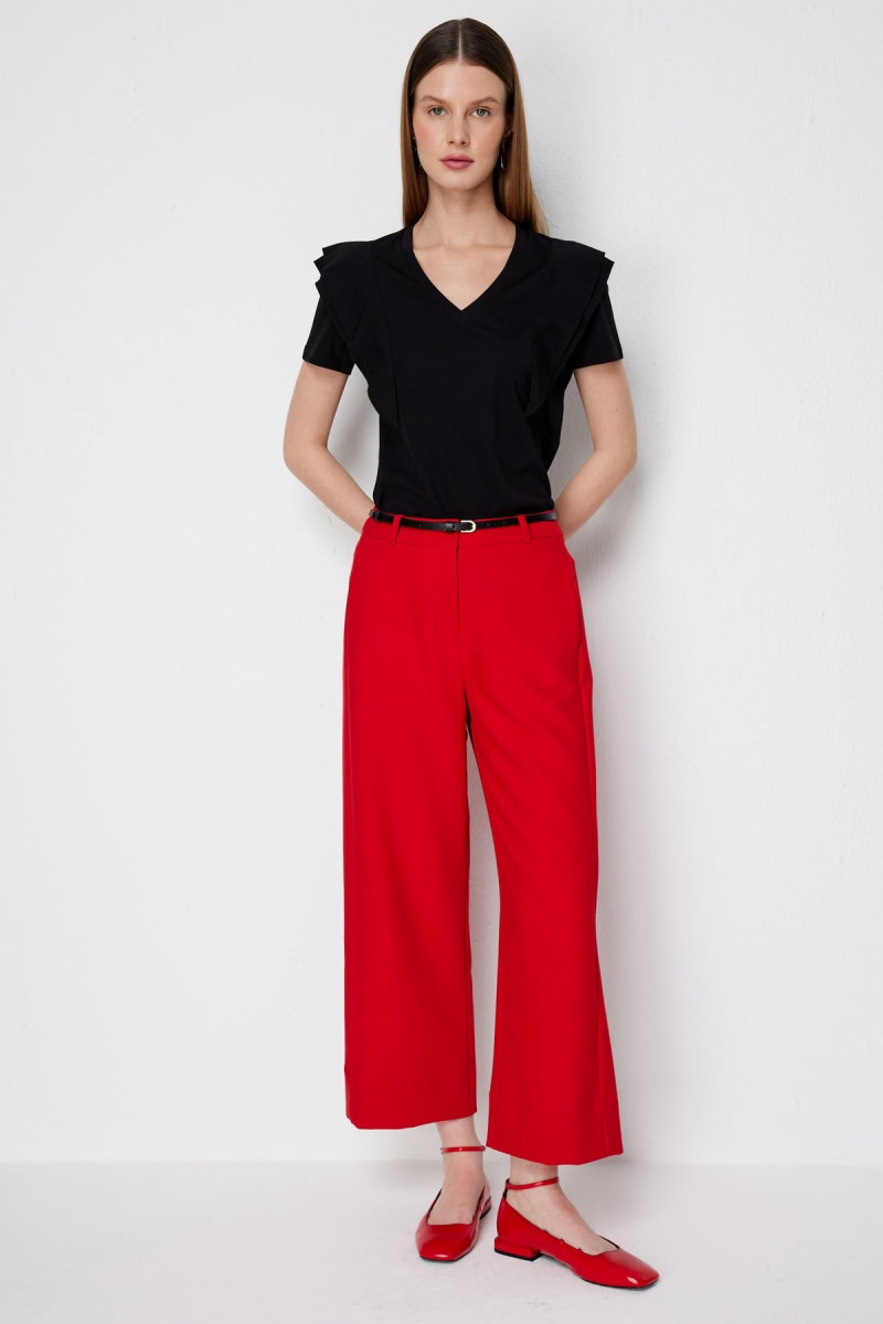 Ekol Kadın Beli Kemerli Kısa Bol Paça Pantolon 4012 Kırmızı - Ekol