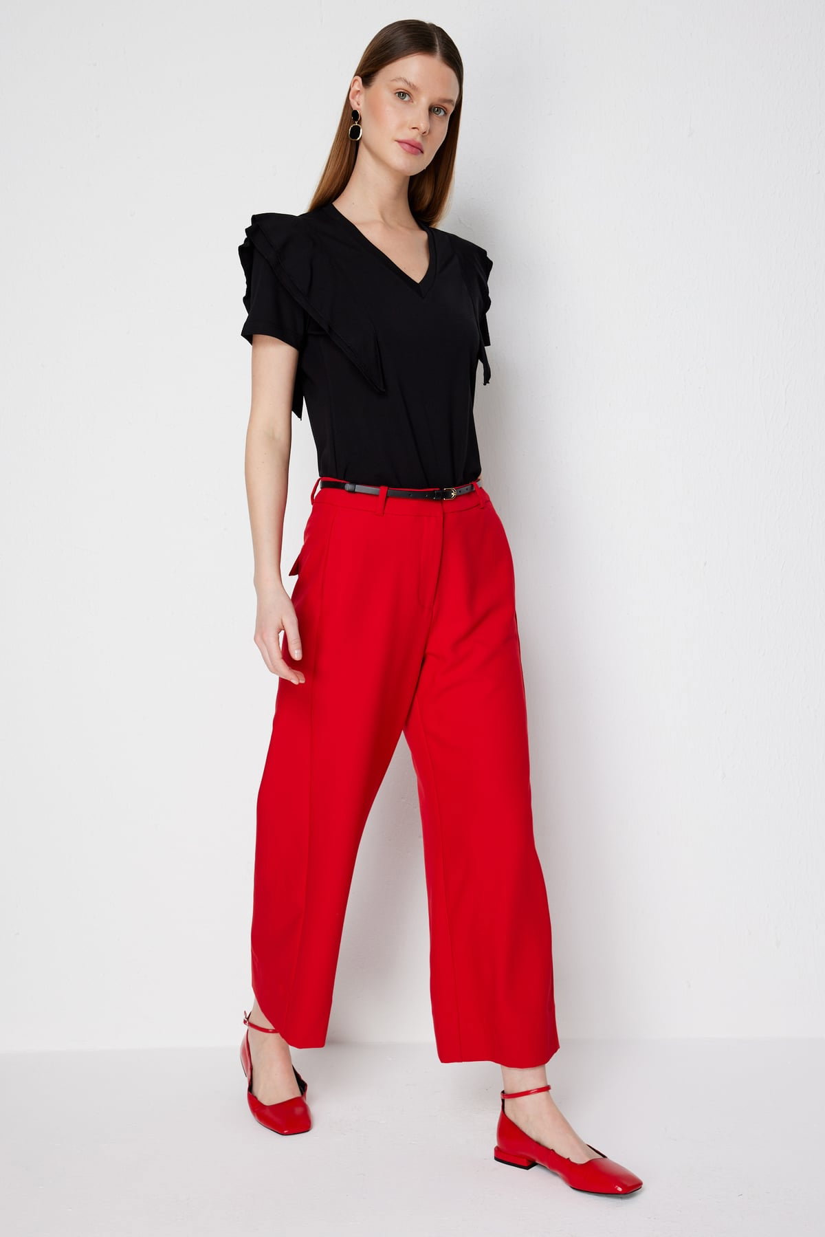 Ekol Kadın Beli Kemerli Kısa Bol Paça Pantolon 4012 Kırmızı - 2