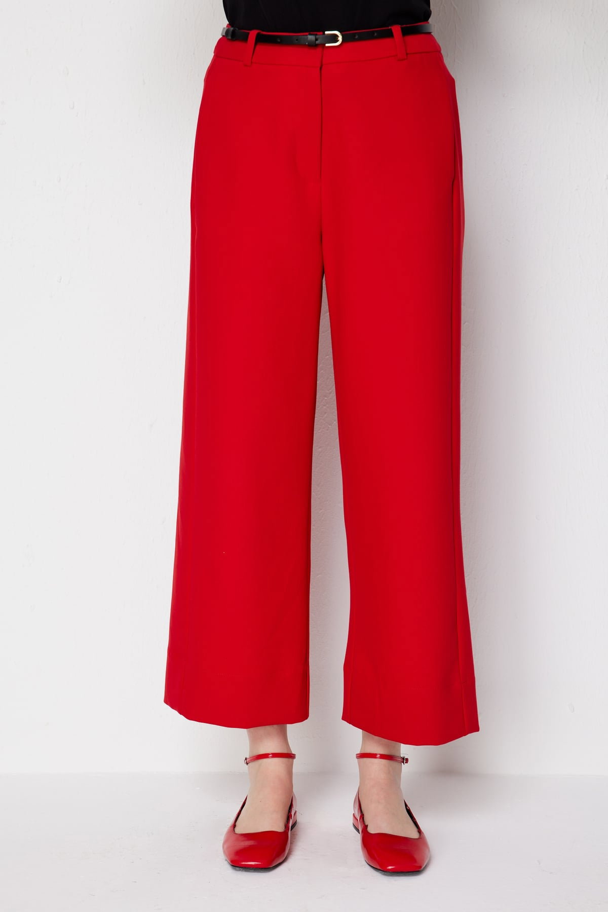 Ekol Kadın Beli Kemerli Kısa Bol Paça Pantolon 4012 Kırmızı - 3
