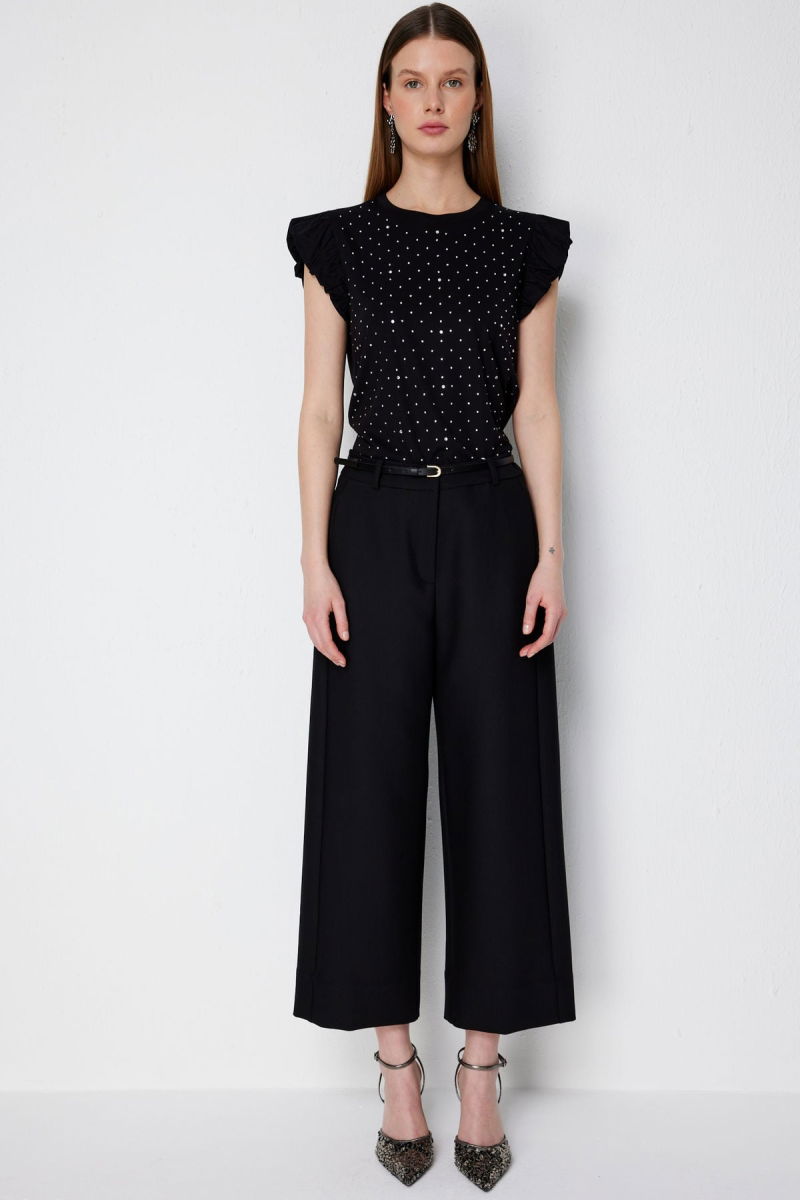 Ekol Kadın Beli Kemerli Kısa Bol Paça Pantolon 4012 Siyah - Ekol