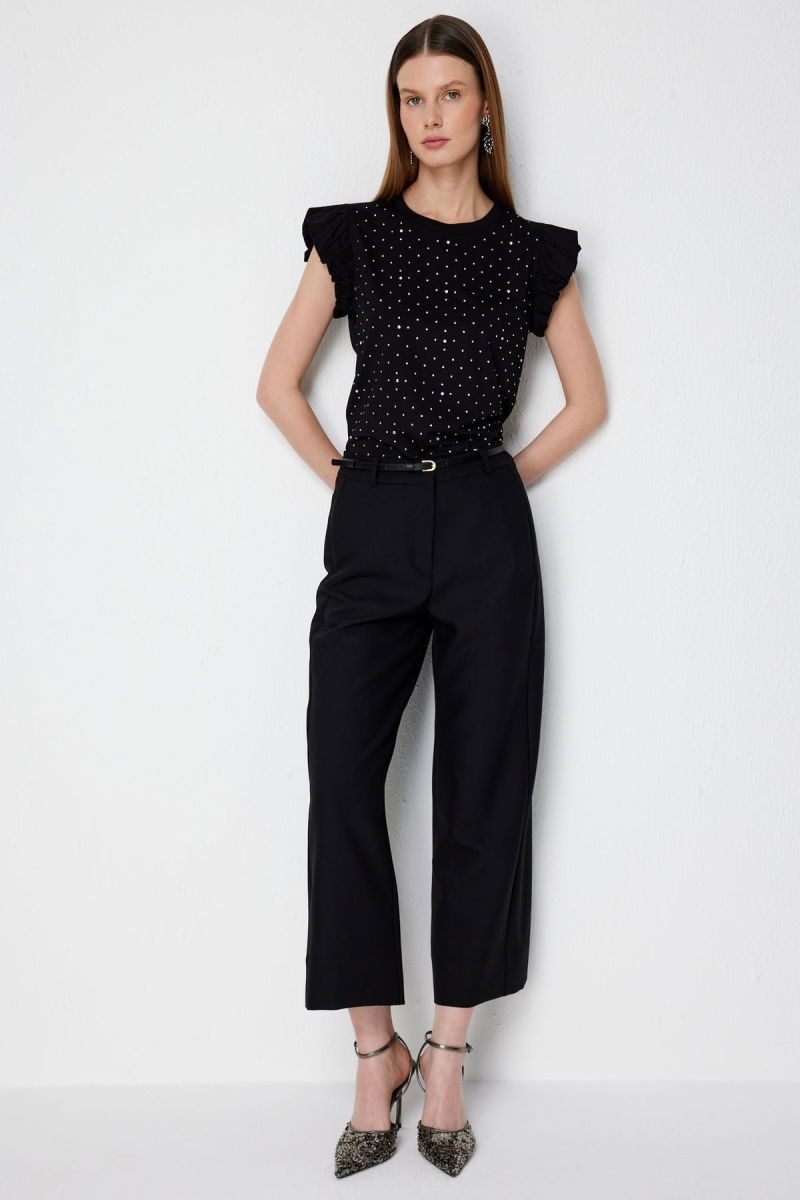 Ekol Kadın Beli Kemerli Kısa Bol Paça Pantolon 4012 Siyah - 3