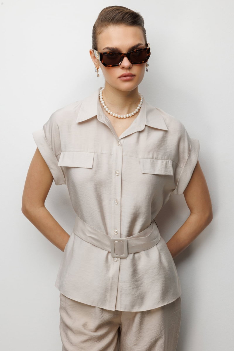 Ekol Kadın Beli Kemerli Kısa Kollu Bluz 2086 Bej - Ekol