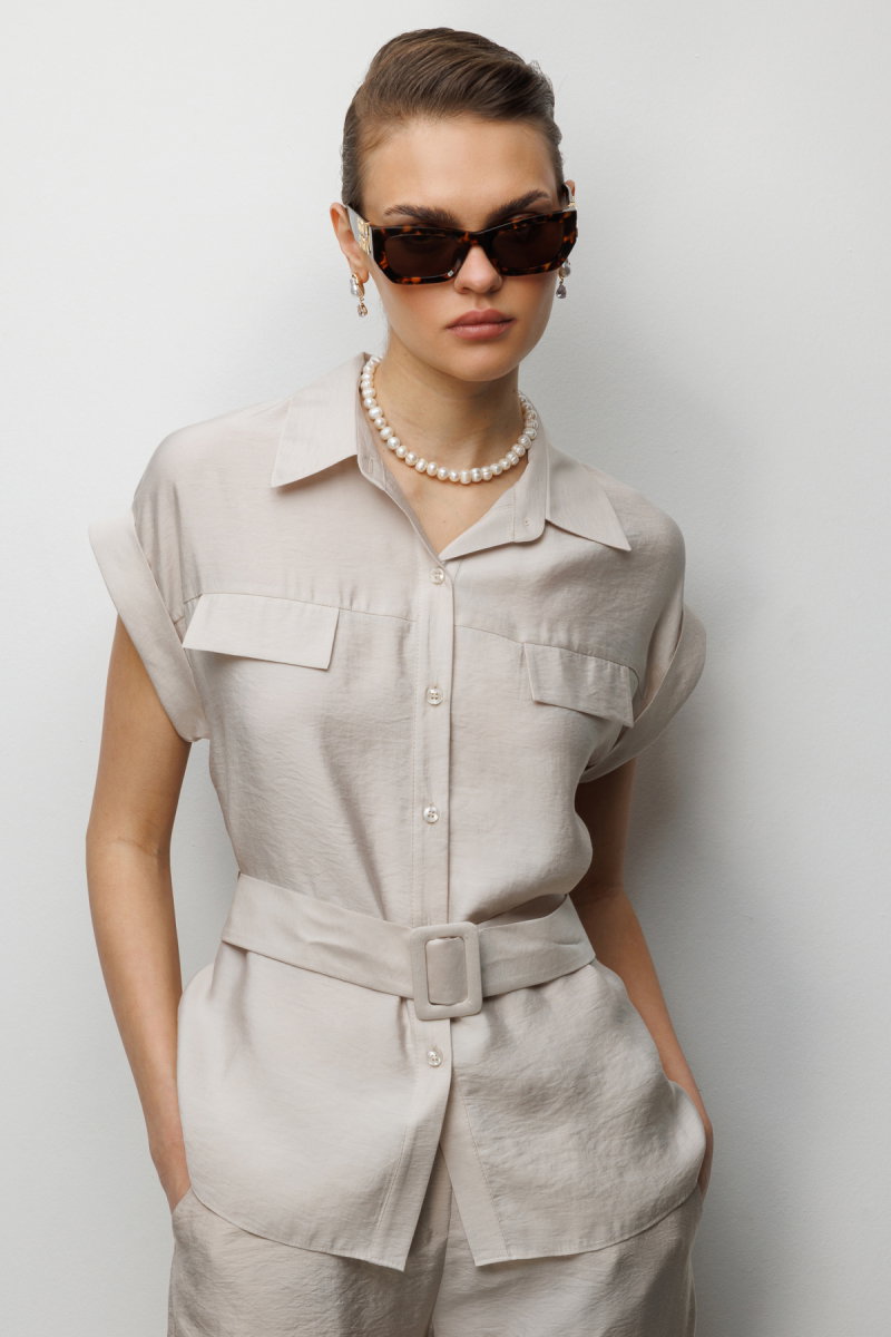 Ekol Kadın Beli Kemerli Kısa Kollu Bluz 2086 Bej - 2