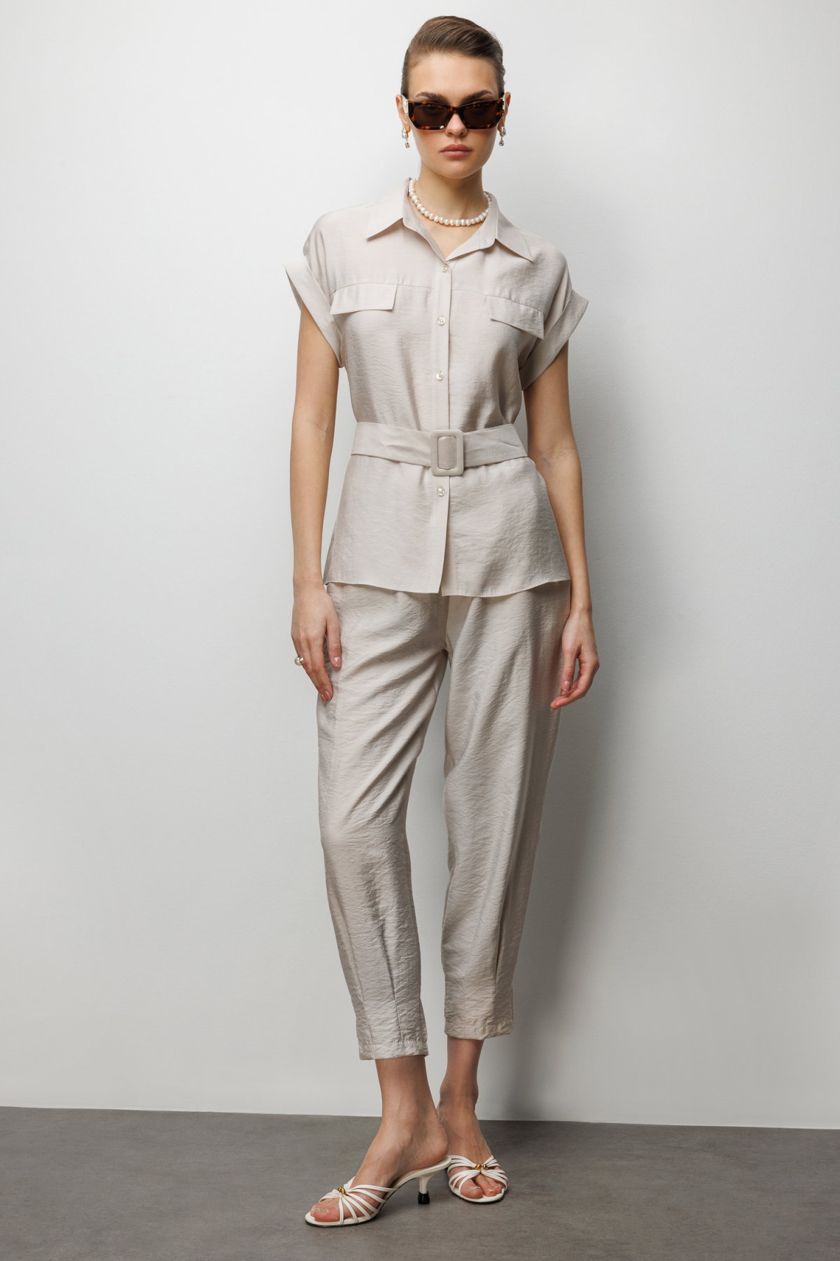 Ekol Kadın Beli Kemerli Kısa Kollu Bluz 2086 Bej - 3