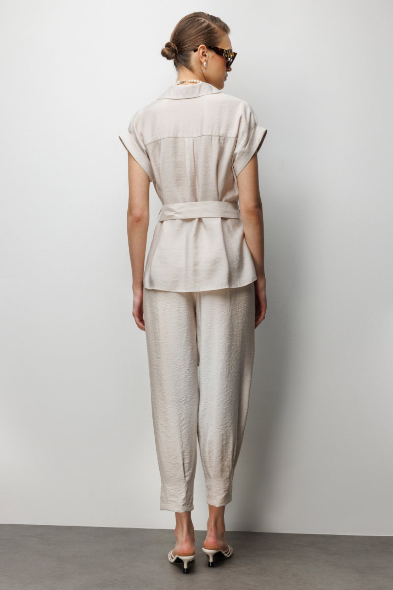 Ekol Kadın Beli Kemerli Kısa Kollu Bluz 2086 Bej - 4