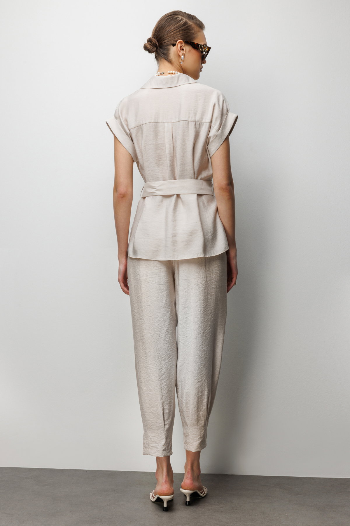 Ekol Kadın Beli Kemerli Kısa Kollu Bluz 2086 Bej - 4