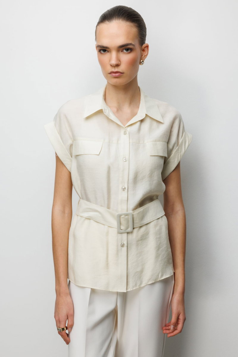 Ekol Kadın Beli Kemerli Kısa Kollu Bluz 2086 Krem - Ekol